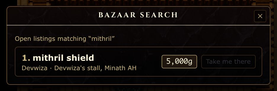 `bazaar search` lists every matching listing, with a jump to the seller's stall.