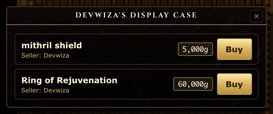 Browsing a stocked case: every item shows its price and a Buy button.