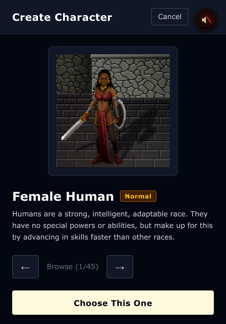 Creating a character: browse the catalog, pick your look.