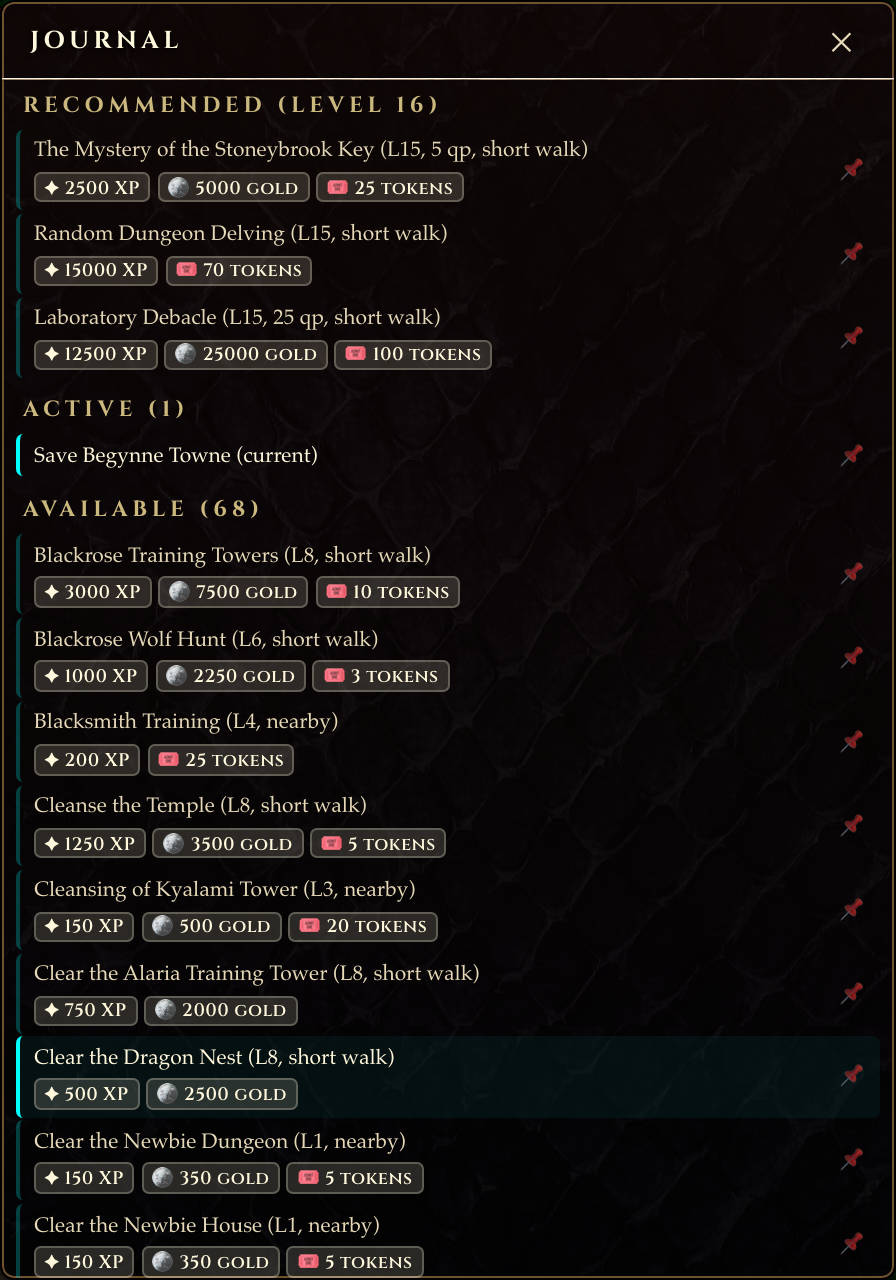 The journal: missions sized for you, with the rewards up front.